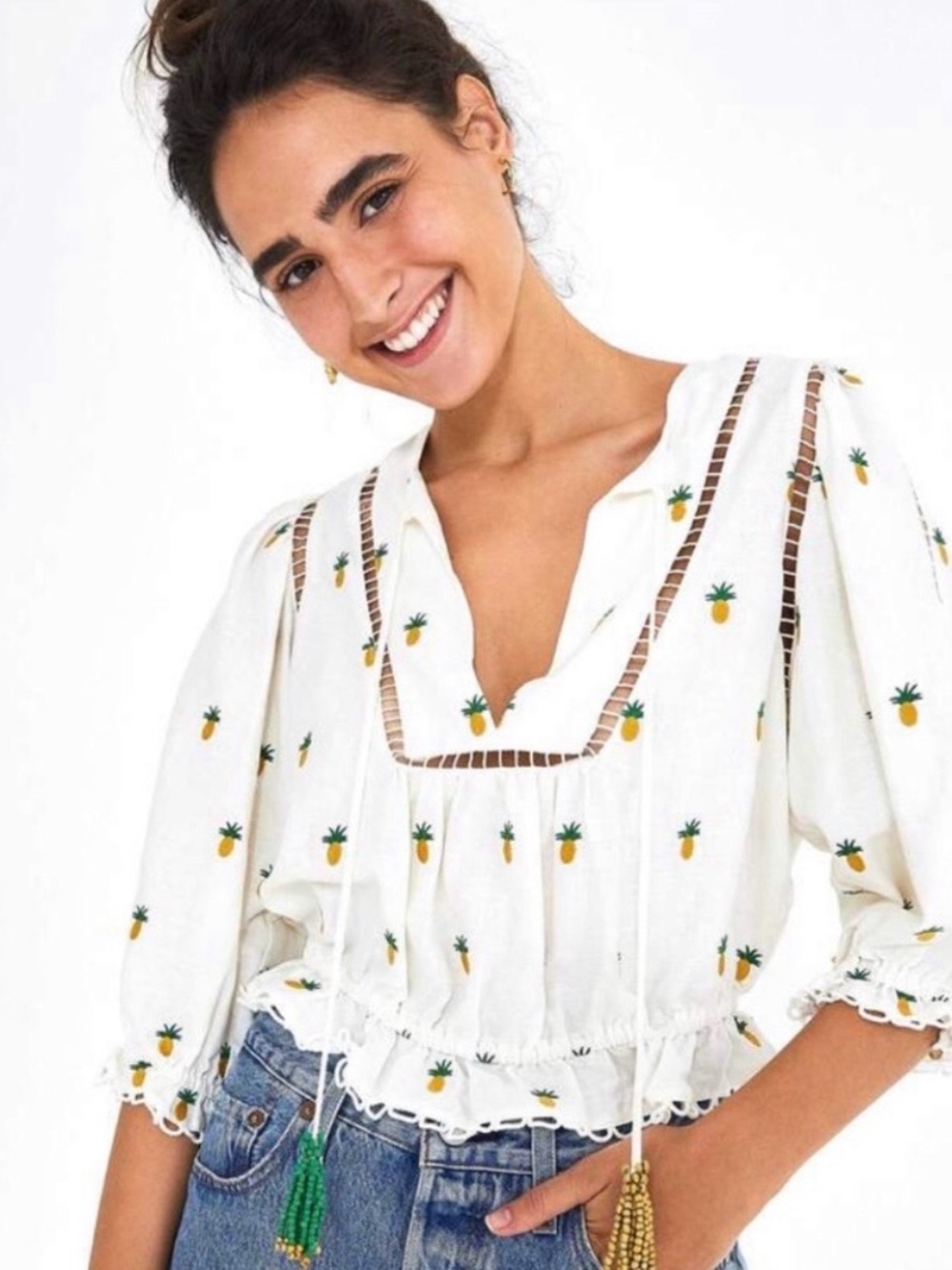 FARM Rio Pineapple Embroidered Blouse - Off-White Peasant Top